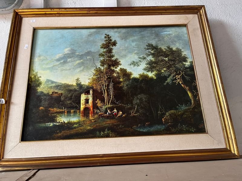 Cuadro Enmarcado Paisaje Rústico con Molino y Figuras
