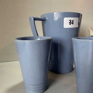 Jarra y 3 Vasos de Cerámica Azul con Tetera Decorada - imagen 3