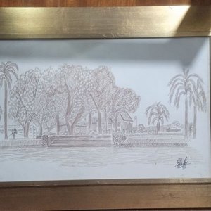 Lote siguiente: dibujo a lápiz o tinta que muestra un paisaje costero o ribereño con un embarcadero