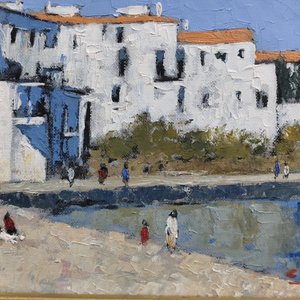 Óleo sobre Fibra "Costa Blanca" de Cesar Vanni con Marco Dorado - imagen 5