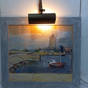 Cuadro Óleo Paisaje Marítimo con Barcos y Marco Gris con Iluminación - imagen 5