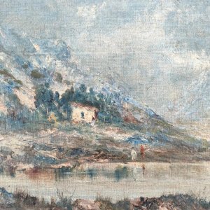 Óleo sobre lienzo: Paisaje Montañoso con Casa y Firma Ilegible - imagen 4
