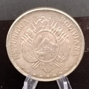 Moneda de Plata Boliviana 1 Boliviano 1874, Ensayador FE, 25.1g - imagen 2