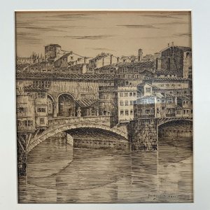 Tres Cuadros Antiguos en Blanco y Negro: Pueblo Italiano y Río con Puente - imagen 2
