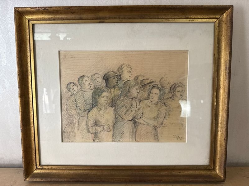 Pintura de grupo de personas en marco dorado