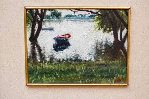 Pintura "Bote en el Río Negro" de Sergio Curto, Óleo 12x16