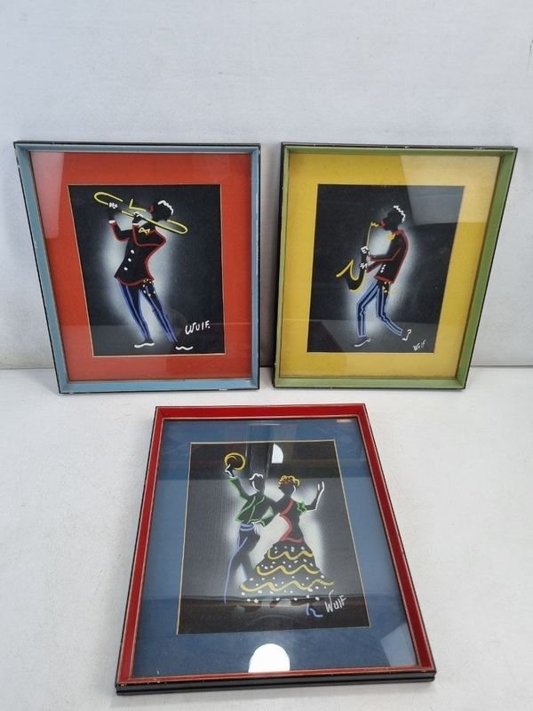 L 013 - Set De 3 Piezas - Set de 3 atractivos cuadros decorativos estilo silueta de artistas y pareja bailando, firmados 'Wuif', con vivos marcos de color - imagen 1