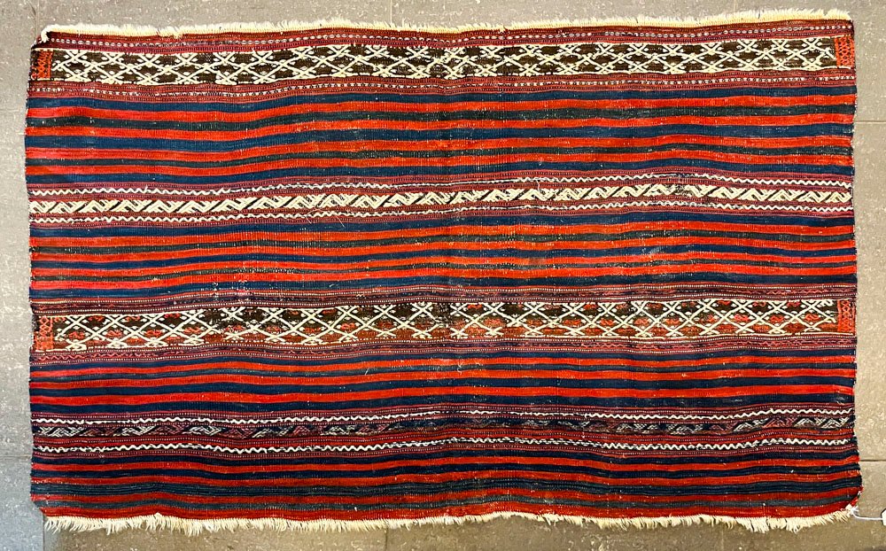 Alfombra Kilim de Lana a Rayas Rojas, Azules y Blancas - 147 x 90 cm