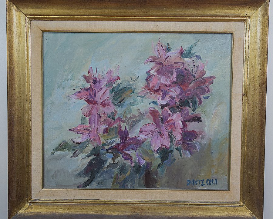 Óleo Floral de Dante Cola, Firmado, Marco Dorado a la Hoja