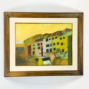 Lote siguiente: Cuadro al óleo sobre fibra: Caseríos multicolor, 51x38 cm con marco 70x57 cm