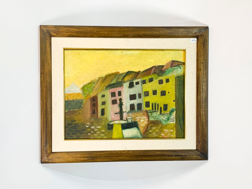 Cuadro al óleo sobre fibra: Caseríos multicolor, 51x38 cm con marco 70x57 cm