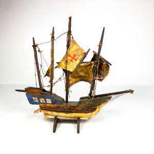 Barco Velero Antiguo de Madera, Azul y Dorado, 42 cm - imagen 2