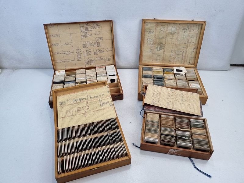 Colección de Diapositivas Antiguas en Cajas de Madera con Clasificación Manual