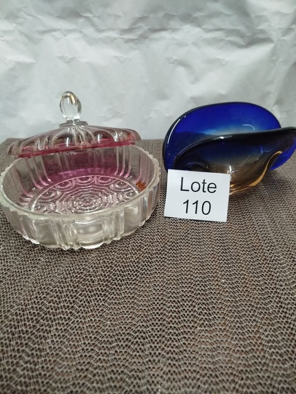 Caramelera Antigua de Vidrio y Cuenco de Murano Azul y Dorado