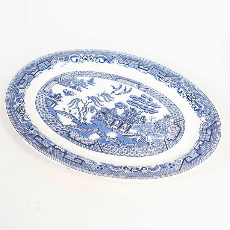 Fuente Oval Loza Inglesa Willow Woods Ware Azul y Blanco