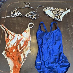 Lote siguiente: Lote de Trajes de Baño: Entero Azul Speedo, Estampado Naranja/Marrón y Bikini Leopardo