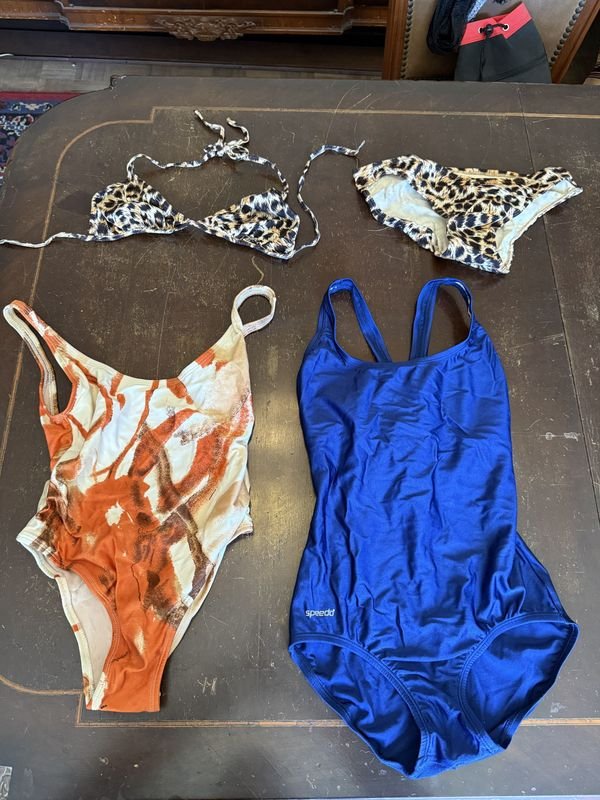Lote de Trajes de Baño: Entero Azul Speedo, Estampado Naranja/Marrón y Bikini Leopardo