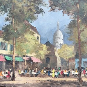 Óleo "Place du Tertre Montmartre" por J. Rigaud con Marco Labrado y Aplique de Luz - imagen 4