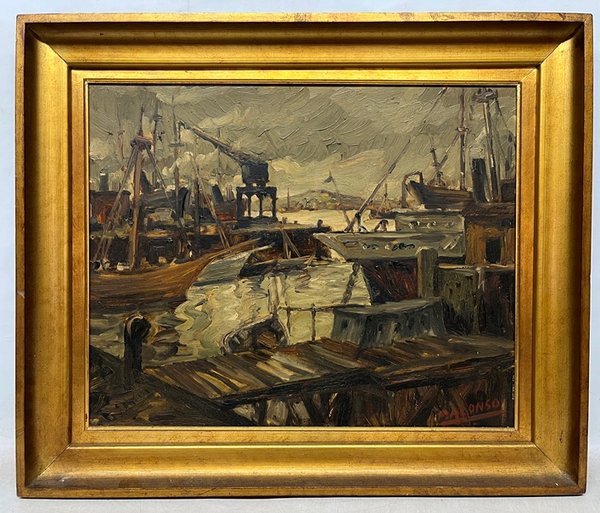 Lote siguiente: Pintura de puerto por P. Alonso - Oleo sobre cartón