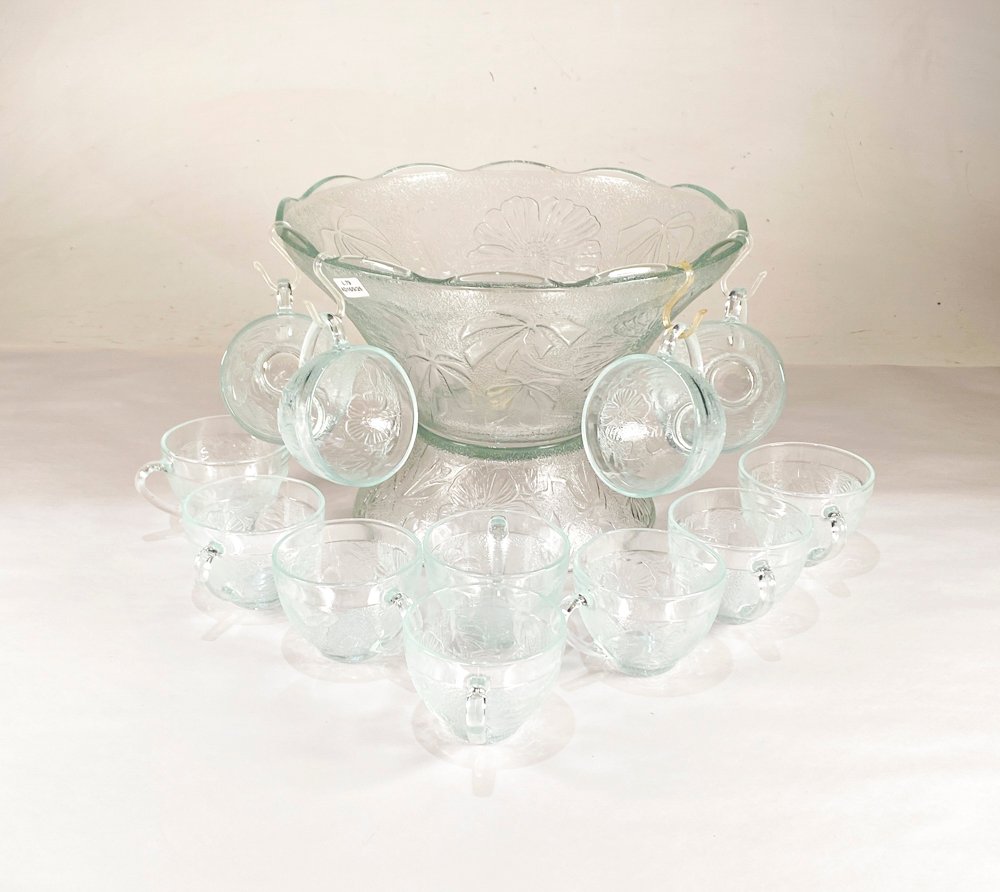 Ponchera de Vidrio Hialino con Tazas a Juego y Decorado Floral