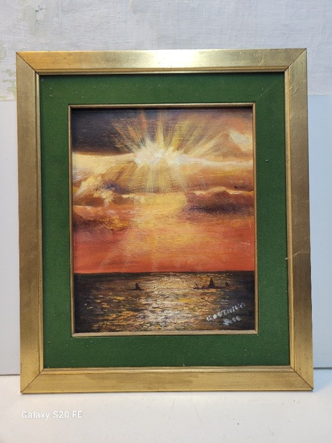 Cuadro al Óleo: Atardecer Marino con Velas, Marco Dorado y Paspartú Verde