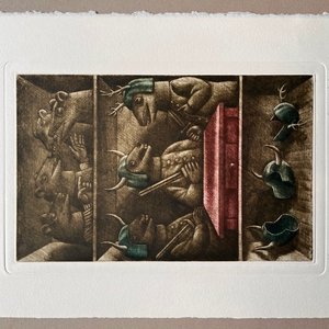 Grabado "Los ratones y las comadrejas" de Luis Alberto Solari - Edición 155/200 - imagen 2