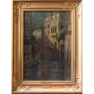 Lote siguiente: Pintura al óleo "Canal de Venecia" de R. Borella con marco dorado
