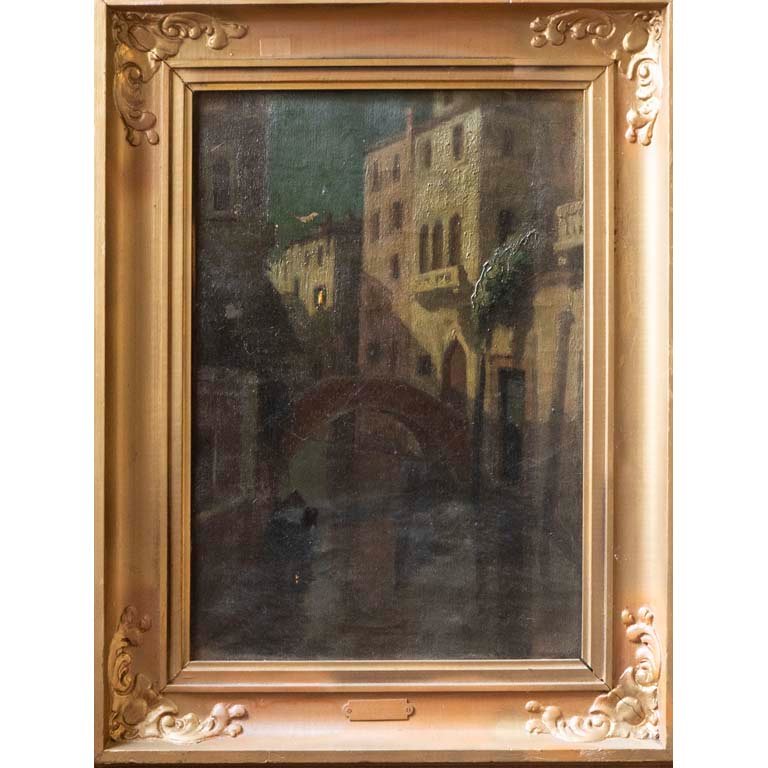 Pintura al óleo "Canal de Venecia" de R. Borella con marco dorado