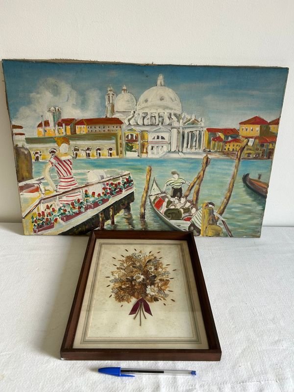 Lote de Dos Cuadros: Paisaje Veneciano y Flores Secas - imagen 1