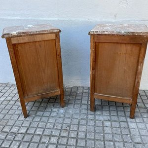 Par de Mesas de Luz Antiguas de Roble con Tapa de Mármol - imagen 9