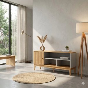 Lote siguiente: Rack de TV Estilo Nórdico con Puerta y Estantes, Color Miel y Off White