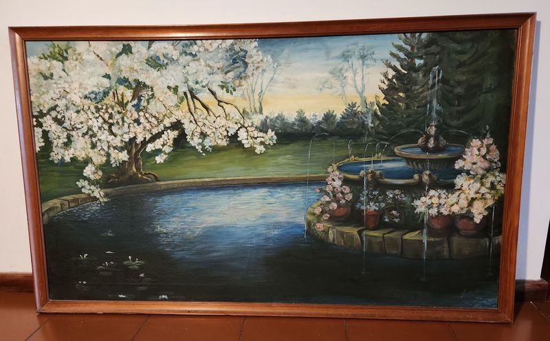 Oleo "Fuente y Árbol en Flor" de 1900 con Marco de Madera