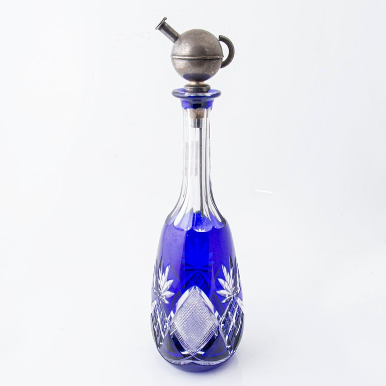 Botellón de Cristal Azul Tallado con Tapón Metálico