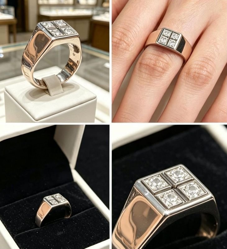 Anillo de Oro Bajo, Plata y Zafiros Blancos con Diseño Bruñido