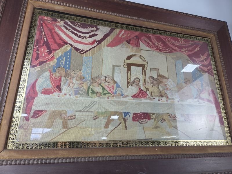 Antiguo telar con la Última Cena en marco de pinotéa - imagen 9