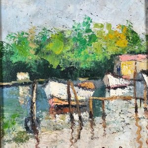 Oleo sobre Fibra: Barcas en Laguna con Marco de Madera - imagen 5