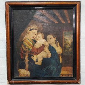 Oleo "La Virgen de la Silla" sin firma, marco de madera y yeso - imagen 3