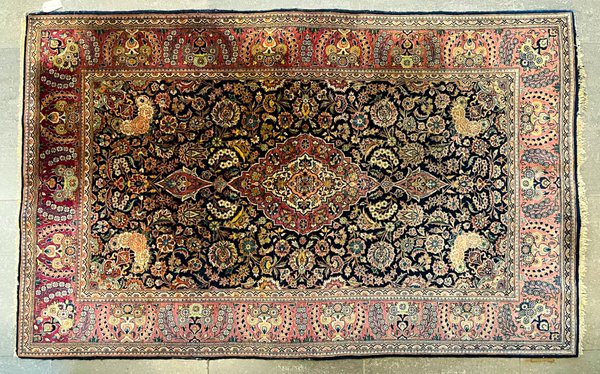 Alfombra Persa Clásica Azul, Roja y Beige con Diseños Florales