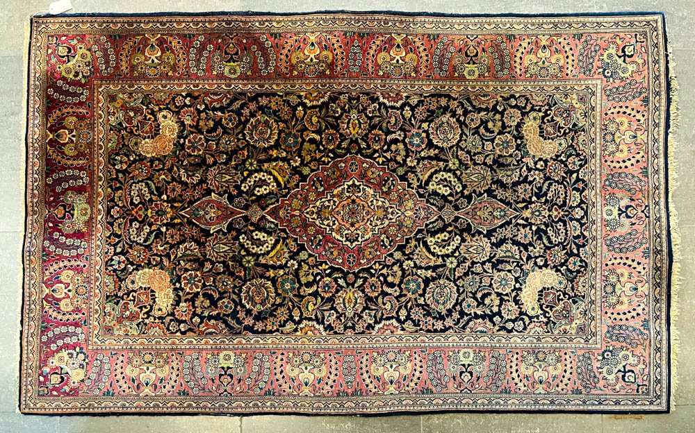 Alfombra Persa Clásica Azul, Roja y Beige con Diseños Florales