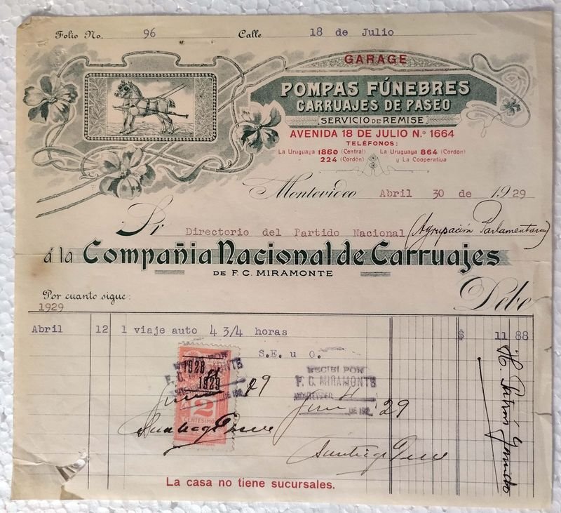 Recibo de Compañía Nacional de Carruajes de F. C. Miramonte