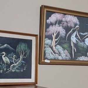 Set de 2 Cuadros con Láminas de Bailarinas y Paisaje Japonés, Marco Dorado - imagen 1