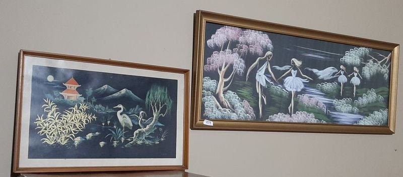 Set de 2 Cuadros con Láminas de Bailarinas y Paisaje Japonés, Marco Dorado