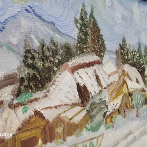 Cuadro al Óleo: Paisaje Invernal con Casas Nevadas y Montañas, Firmado Aída '87 - imagen 6