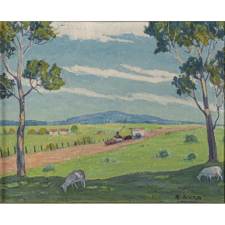 Lote anterior: Alberto Dura. Paisaje con campos y ovejas. Óleo sobre fibra, 35 x 43 cm.