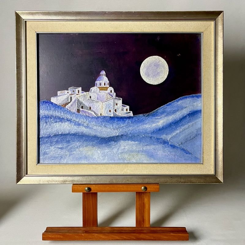 Cuadro Óleo Paisaje Nocturno con Luna y Pueblo Blanco