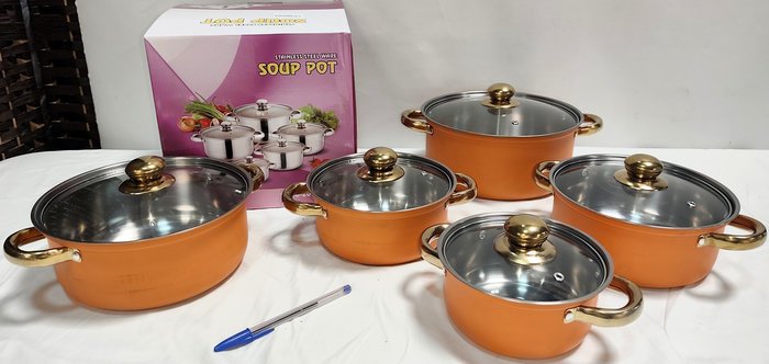 Juego de 5 Ollas de Acero Inoxidable con Tapas de Vidrio y Mangos Remachados