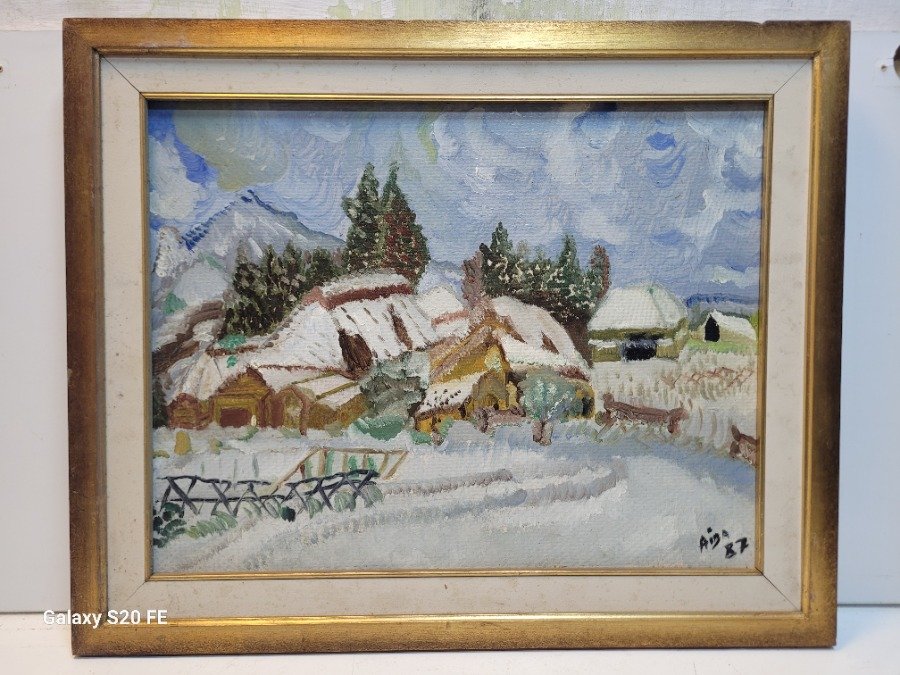 Cuadro al Óleo: Paisaje Invernal con Casas Nevadas y Montañas, Firmado Aída '87