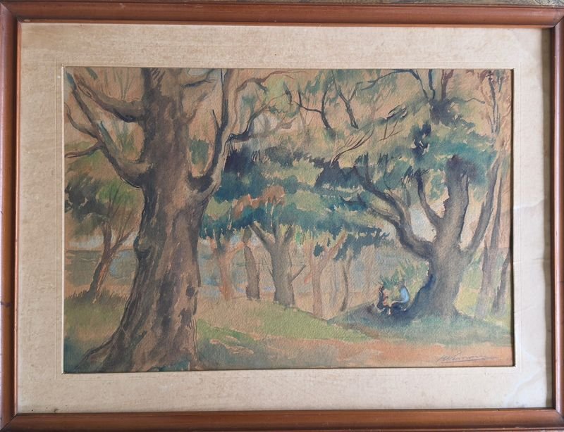 Acuarela "Paisaje con Figuras" de Eduardo Vernazza - 54 x 36 cm
