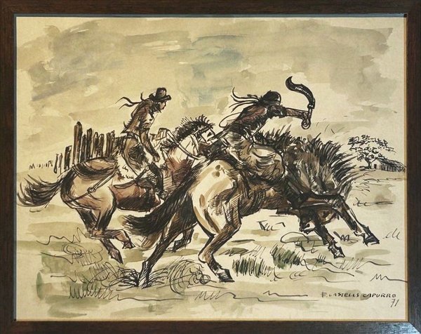 Acuarela Atribuida a Enrique Castells Capurro: Gauchos a Caballo