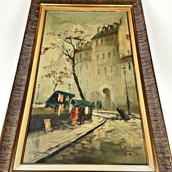 Cuadro al óleo de paisaje urbano invernal, firmado, con marco de madera - imagen 1